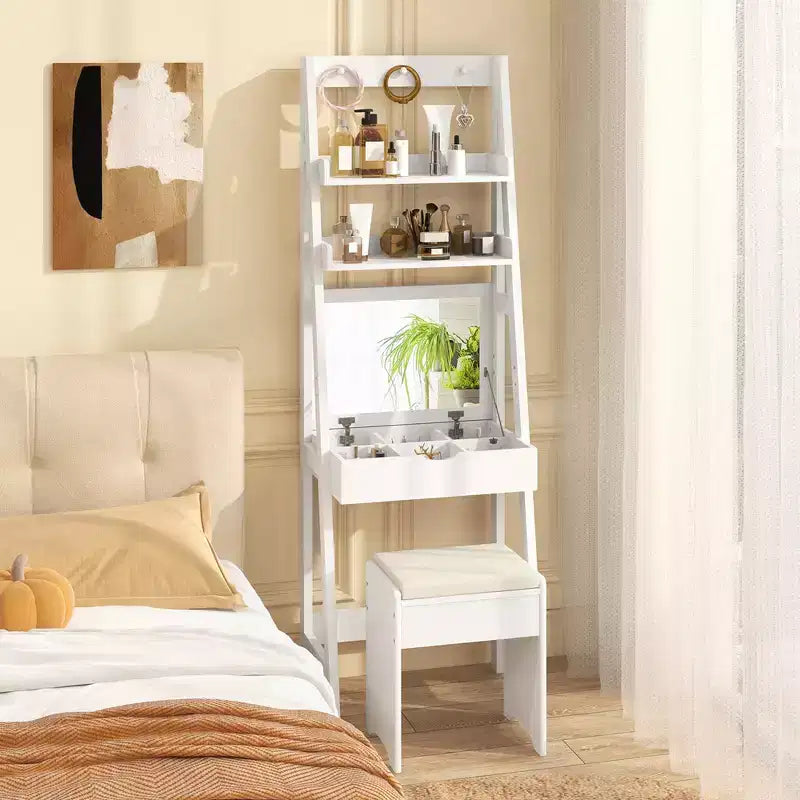 Coiffeuse avec miroir relevable, tabouret et éclairage 3 couleurs – 6 compartiments