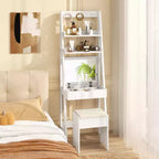 Coiffeuse avec miroir relevable, tabouret et éclairage 3 couleurs – 6 compartiments