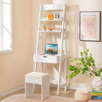 Coiffeuse avec miroir relevable, tabouret et éclairage 3 couleurs – 6 compartiments