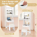 Coiffeuse avec miroir relevable, tabouret et éclairage 3 couleurs – 6 compartiments
