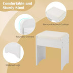 Coiffeuse avec miroir relevable, tabouret et éclairage 3 couleurs – 6 compartiments
