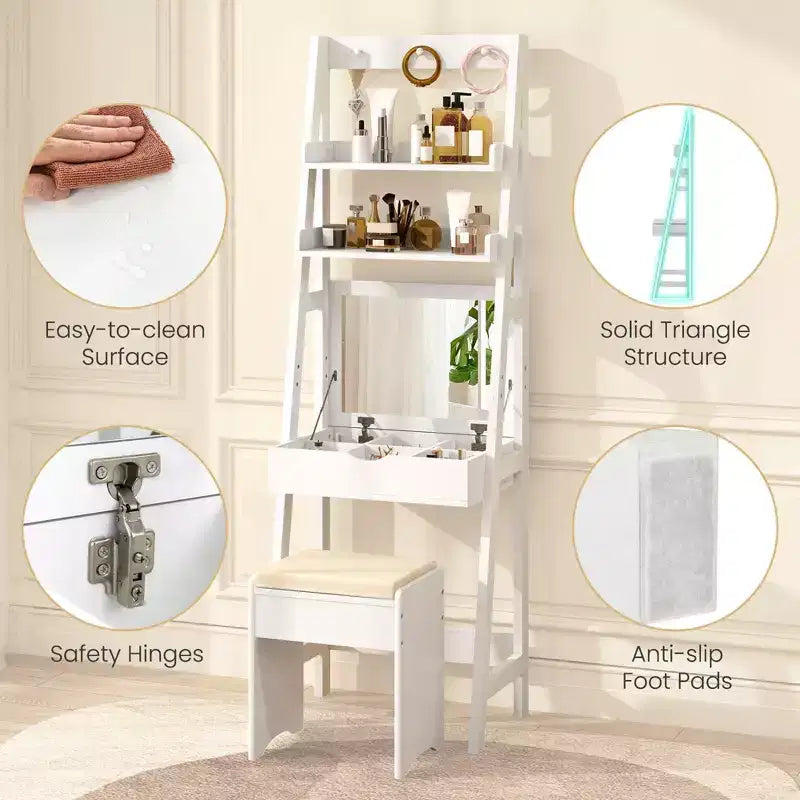 Coiffeuse avec miroir relevable, tabouret et éclairage 3 couleurs – 6 compartiments