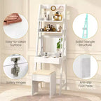 Coiffeuse avec miroir relevable, tabouret et éclairage 3 couleurs – 6 compartiments