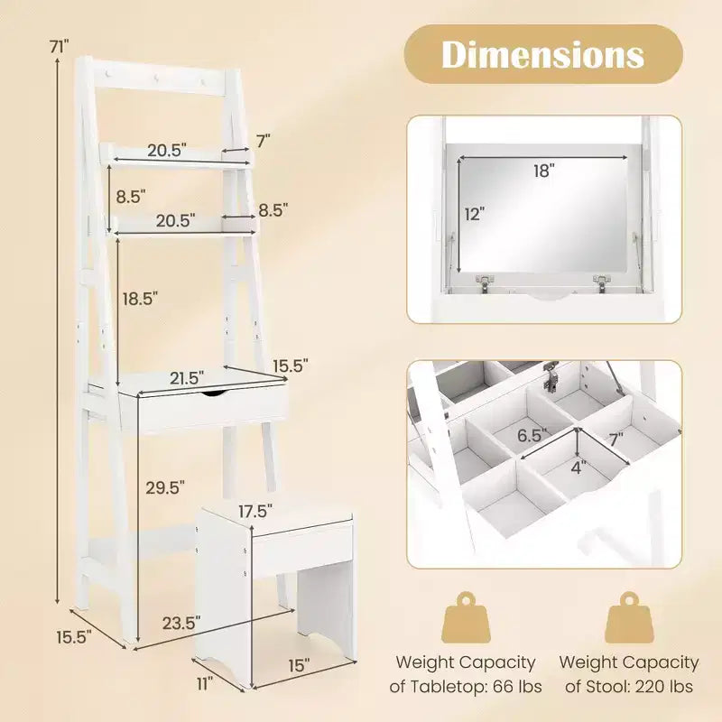 Coiffeuse avec miroir relevable, tabouret et éclairage 3 couleurs – 6 compartiments