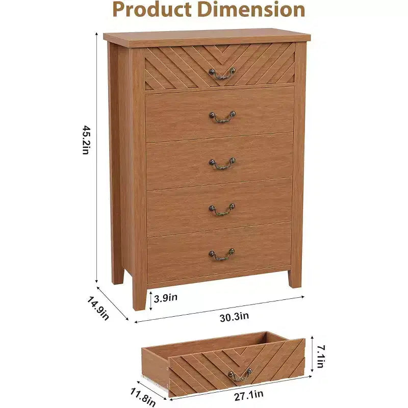 Commode à 5 tiroirs pour chambre à coucher, table de chevet marron à 5 tiroirs avec élégant design en V, commode de rangement en bois pour salon, chambre d'enfant.