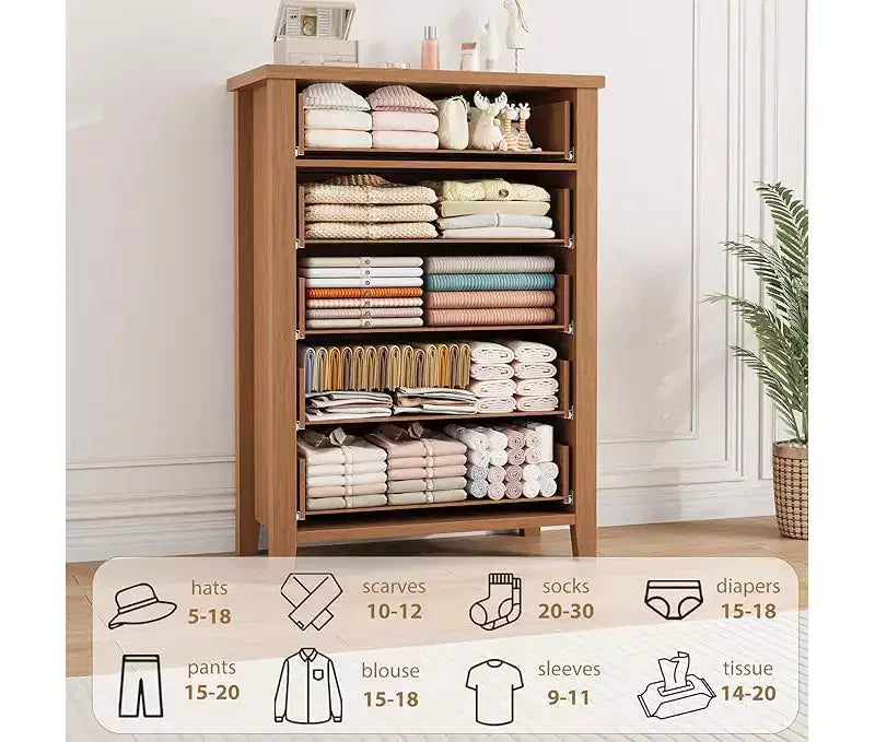 Commode à 5 tiroirs pour chambre à coucher, table de chevet marron à 5 tiroirs avec élégant design en V, commode de rangement en bois pour salon, chambre d'enfant.