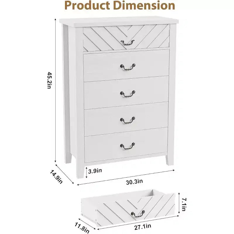 Commode à 5 tiroirs pour chambre à coucher, table de chevet marron à 5 tiroirs avec élégant design en V, commode de rangement en bois pour salon, chambre d'enfant.