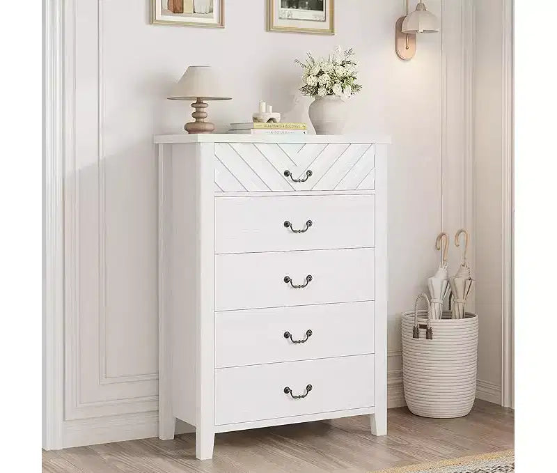 Commode à 5 tiroirs pour chambre à coucher, table de chevet marron à 5 tiroirs avec élégant design en V, commode de rangement en bois pour salon, chambre d'enfant.
