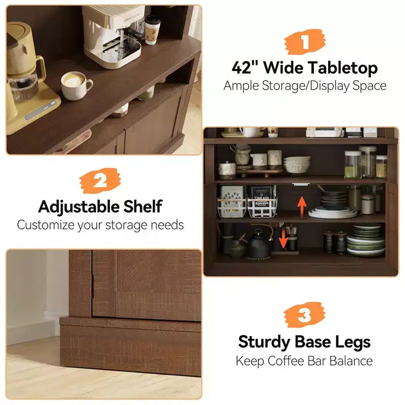 Meuble bar à café avec lumières LED, buffet de rangement de 183 cm de haut