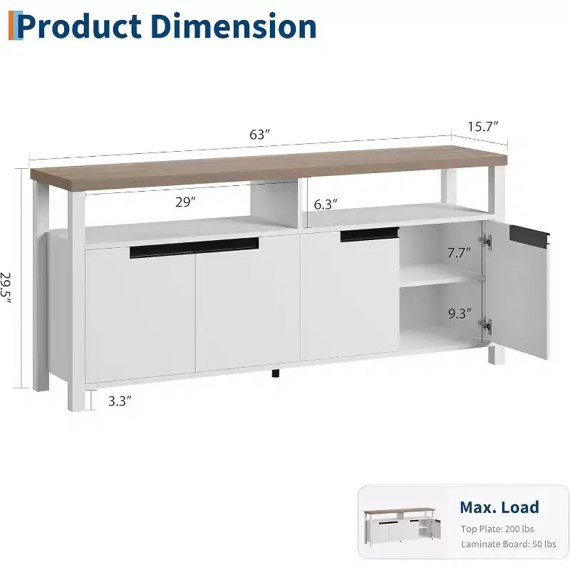 Meuble TV de style ferme pour téléviseur de 70 pouces, centre de divertissement de 160 cm de long avec rangement et étagère ouverte, grand meuble TV, console multimédia moderne et haute