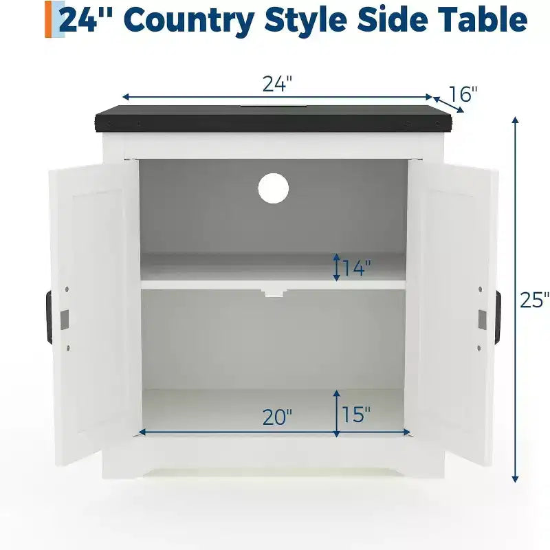 Table d'appoint de charge rustique de 60 cm avec ports USB, Type-C et prises de courant Table de chevet de style ferme avec étagère réglable pour chambre à coucher, salon