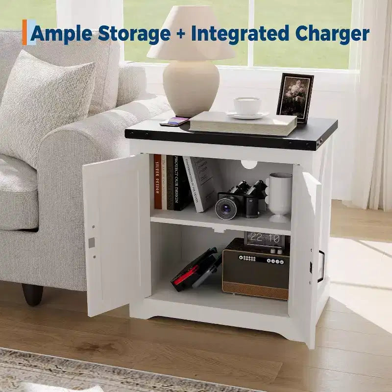 Table d'appoint de charge rustique de 60 cm avec ports USB, Type-C et prises de courant Table de chevet de style ferme avec étagère réglable pour chambre à coucher, salon