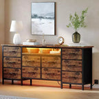 Meuble TV pour téléviseur de 65 à 75 pouces, commode longue à 10 tiroirs avec prises de courant et lumières LED, meuble de rangement de 63 pouces avec tiroirs de rangement pour centre de divertissement