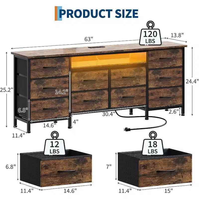 Meuble TV pour téléviseur de 65 à 75 pouces, commode longue à 10 tiroirs avec prises de courant et lumières LED, meuble de rangement de 63 pouces avec tiroirs de rangement pour centre de divertissement