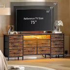Meuble TV pour téléviseur de 65 à 75 pouces, commode longue à 10 tiroirs avec prises de courant et lumières LED, meuble de rangement de 63 pouces avec tiroirs de rangement pour centre de divertissement