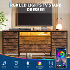 Meuble TV pour téléviseur de 65 à 75 pouces, commode longue à 10 tiroirs avec prises de courant et lumières LED, meuble de rangement de 63 pouces avec tiroirs de rangement pour centre de divertissement