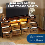 Meuble TV pour téléviseur de 65 à 75 pouces, commode longue à 10 tiroirs avec prises de courant et lumières LED, meuble de rangement de 63 pouces avec tiroirs de rangement pour centre de divertissement