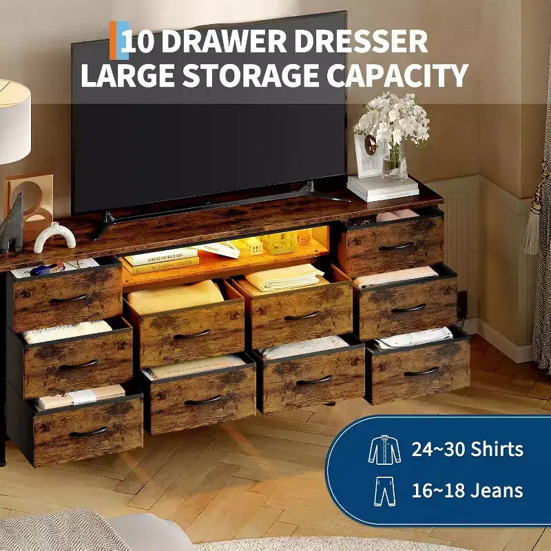 Meuble TV pour téléviseur de 65 à 75 pouces, commode longue à 10 tiroirs avec prises de courant et lumières LED, meuble de rangement de 63 pouces avec tiroirs de rangement pour centre de divertissement