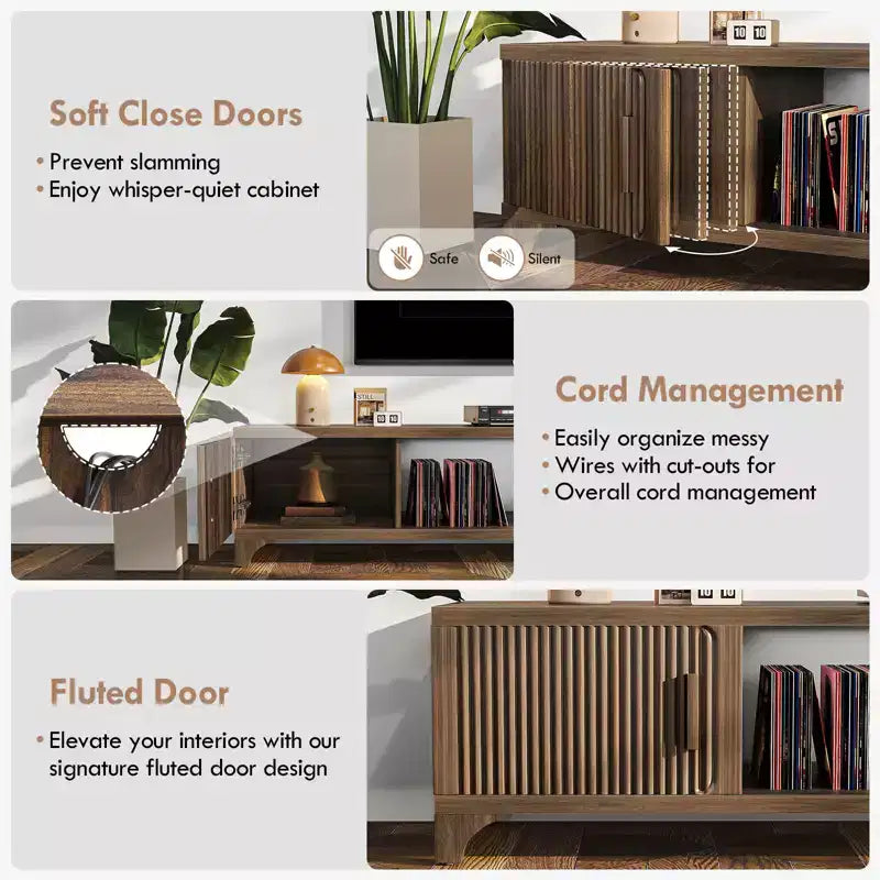 Meuble TV Mid-Century Modern pour téléviseurs de 55 à 65 po avec portes cannelées et étagère ouverte