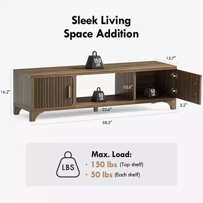 Meuble TV Mid-Century Modern pour téléviseurs de 55 à 65 po avec portes cannelées et étagère ouverte