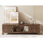 SUGIFT Mid Century Modern TV Stand for 5565 Inch TVs  Boho Media Console with Fluted Doors, Storage Cabinets & Open Shelf