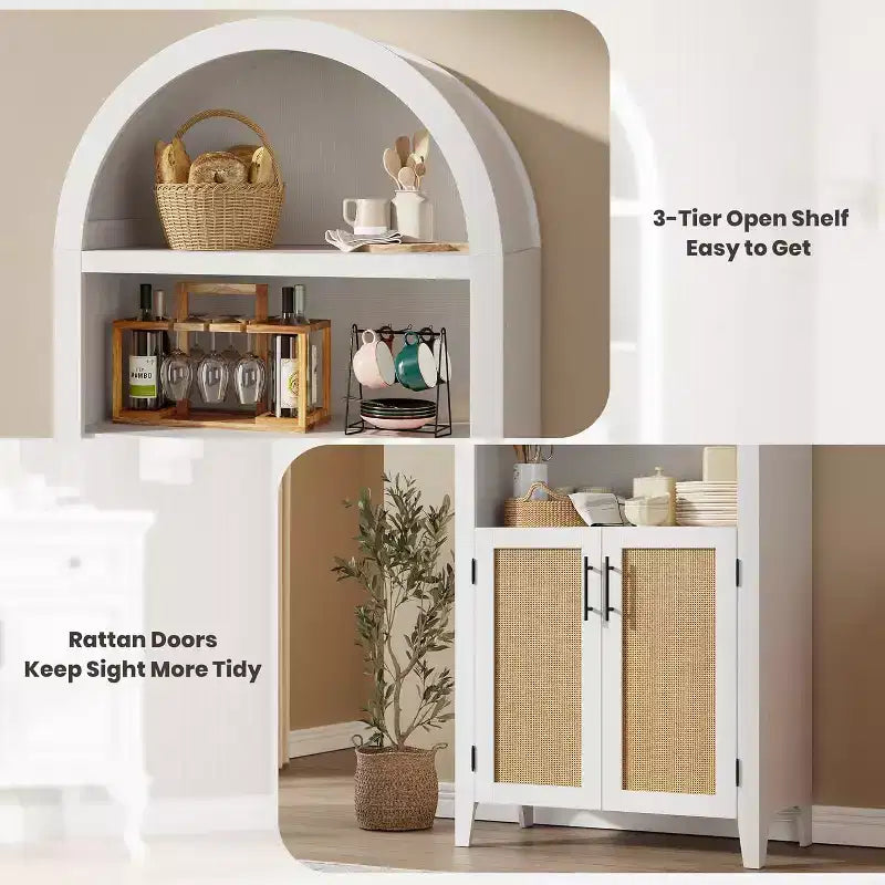 Bibliothèque arquée avec portes - Étagère de présentation ouverte à 5 niveaux avec décor en rotin, Armoire de rangement moderne pour bureau, salon, bibliothèque