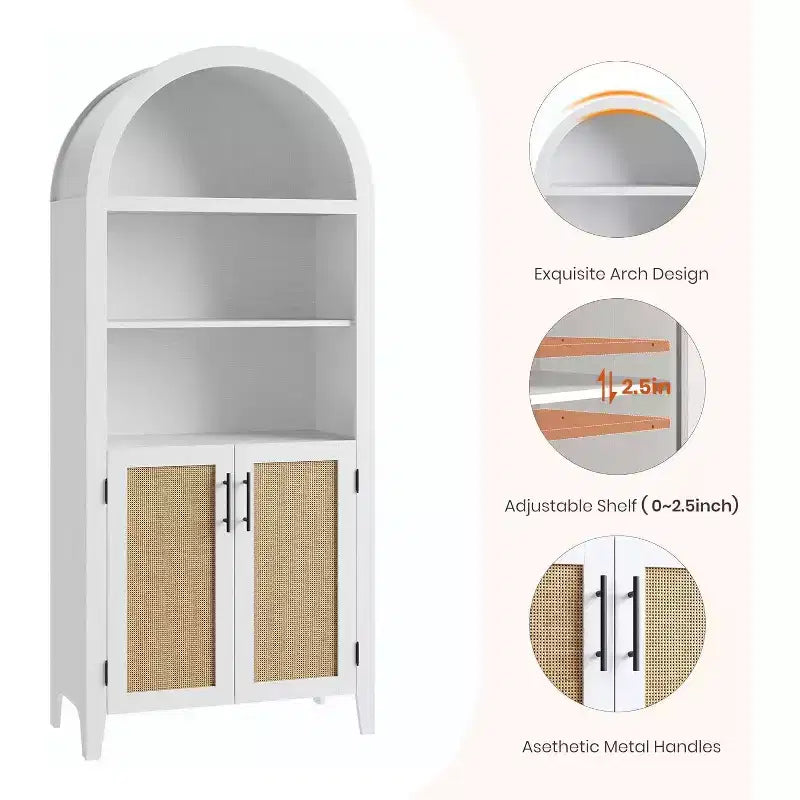 Bibliothèque arquée avec portes - Étagère de présentation ouverte à 5 niveaux avec décor en rotin, Armoire de rangement moderne pour bureau, salon, bibliothèque