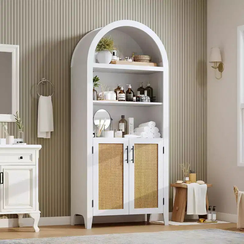 Bibliothèque arquée avec portes - Étagère de présentation ouverte à 5 niveaux avec décor en rotin, Armoire de rangement moderne pour bureau, salon, bibliothèque