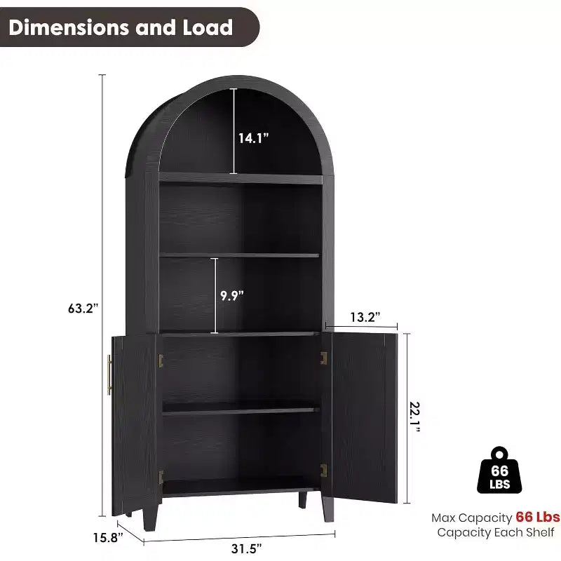 Bibliothèque arquée avec portes - Étagère de présentation ouverte à 5 niveaux avec décor en rotin, Armoire de rangement moderne pour bureau, salon, bibliothèque