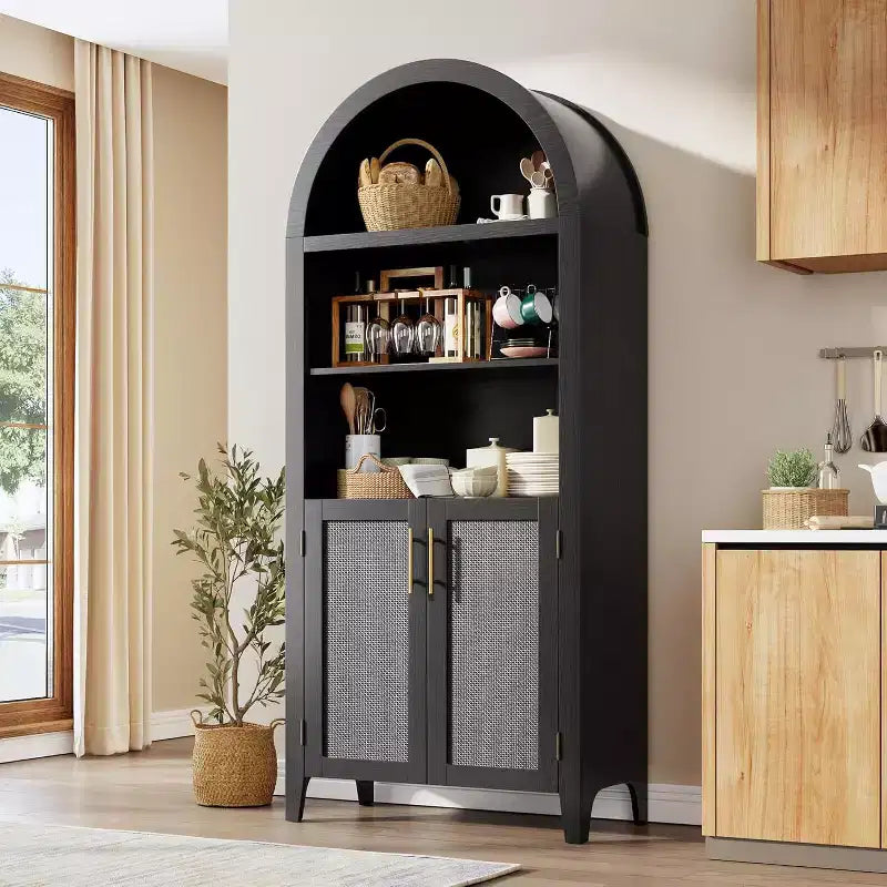 Bibliothèque arquée avec portes - Étagère de présentation ouverte à 5 niveaux avec décor en rotin, Armoire de rangement moderne pour bureau, salon, bibliothèque