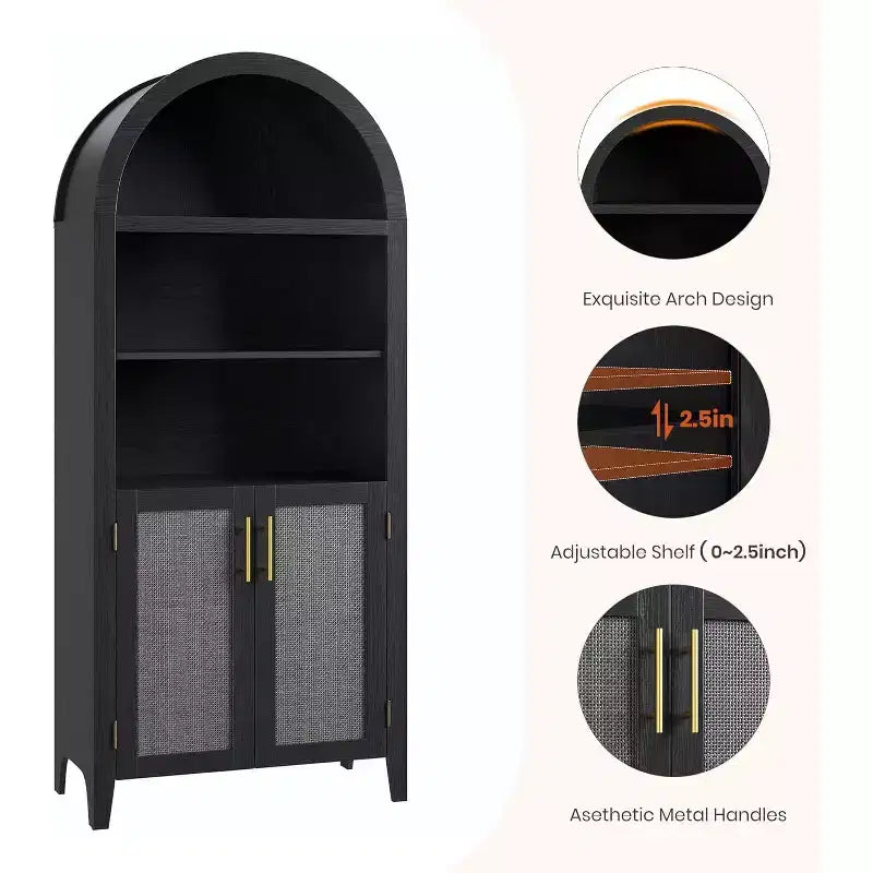Bibliothèque arquée avec portes - Étagère de présentation ouverte à 5 niveaux avec décor en rotin, Armoire de rangement moderne pour bureau, salon, bibliothèque