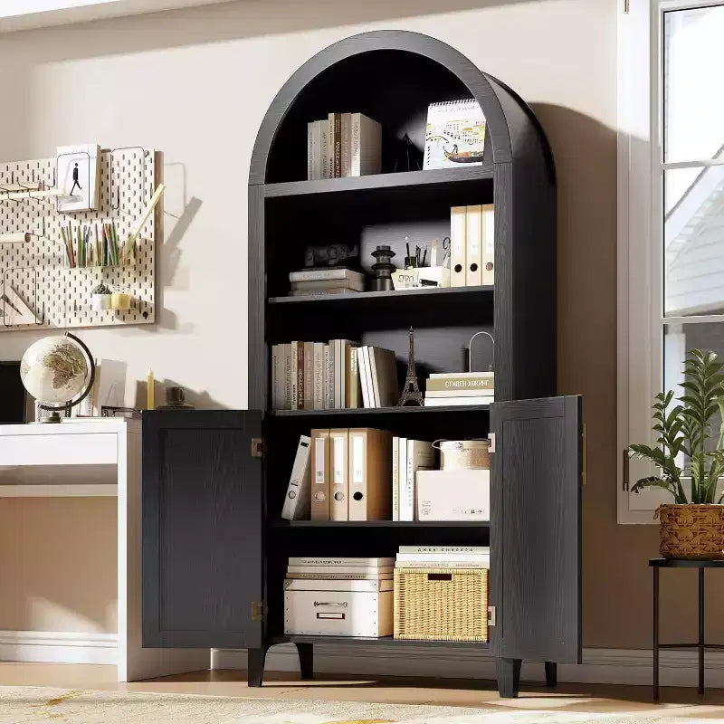 Bibliothèque arquée avec portes - Étagère de présentation ouverte à 5 niveaux avec décor en rotin, Armoire de rangement moderne pour bureau, salon, bibliothèque