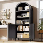 Bibliothèque arquée avec portes - Étagère de présentation ouverte à 5 niveaux avec décor en rotin, Armoire de rangement moderne pour bureau, salon, bibliothèque