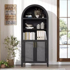 Arched Bookcase with Doors - 5 Tier Open Display Shelf with Rattan Decor, Modern Bookshelf Storage Cabinet for Home Office Living Room Library