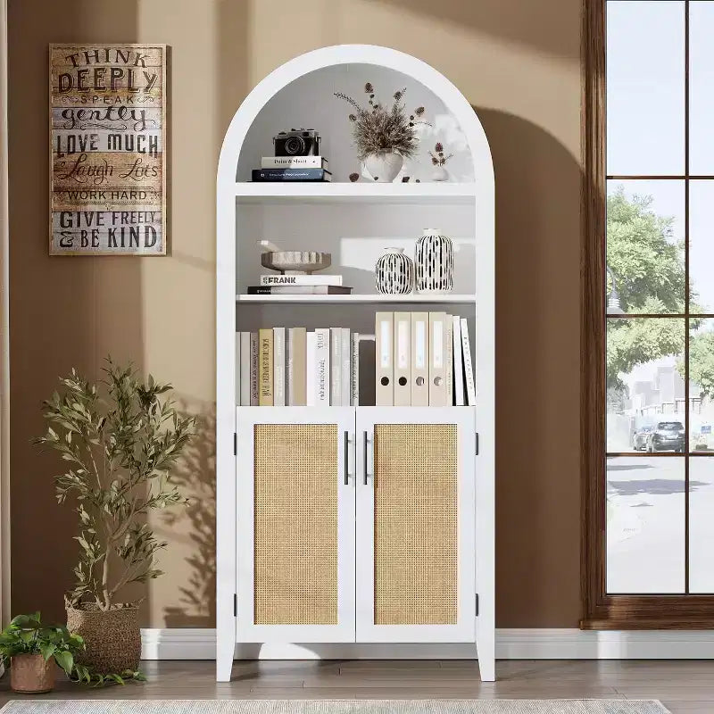 Bibliothèque arquée avec portes - Étagère de présentation ouverte à 5 niveaux avec décor en rotin, Armoire de rangement moderne pour bureau, salon, bibliothèque