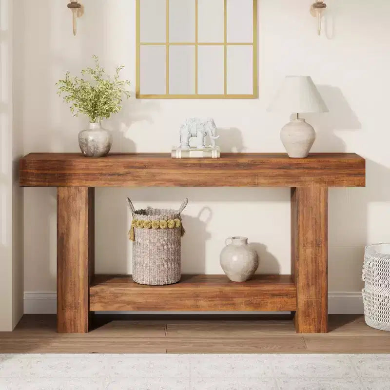 Table console longue à 2 niveaux, table d'appoint de style ferme derrière le canapé pour l'entrée, le couloir, le salon