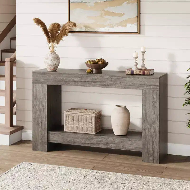 Table console longue à 2 niveaux, table d'appoint de style ferme derrière le canapé pour l'entrée, le couloir, le salon