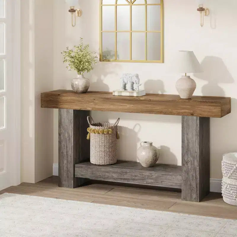 Table console longue à 2 niveaux, table d'appoint de style ferme derrière le canapé pour l'entrée, le couloir, le salon