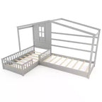 Costway L-shaped Double Twin Beds House Platform Beds w/ Window & Fences ray