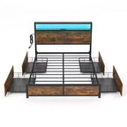 Costway Full/Queen Industrial Platform Bed Frame with Storage Drawers & LED Lights Headboard