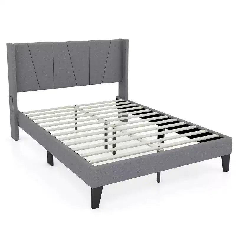 Costway Full Size Upholstered Bed Frame w/ Elastic Pockets Mattress Foundation Gray