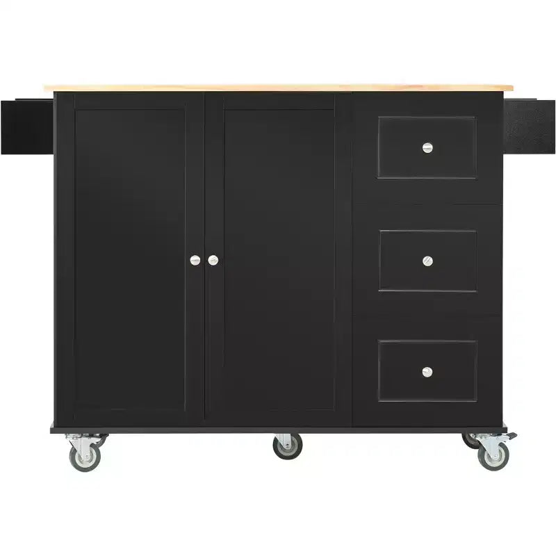Desserte de cuisine avec plateau en bois et abattant, îlot de cuisine mobile roulant avec rangement et porte-serviettes