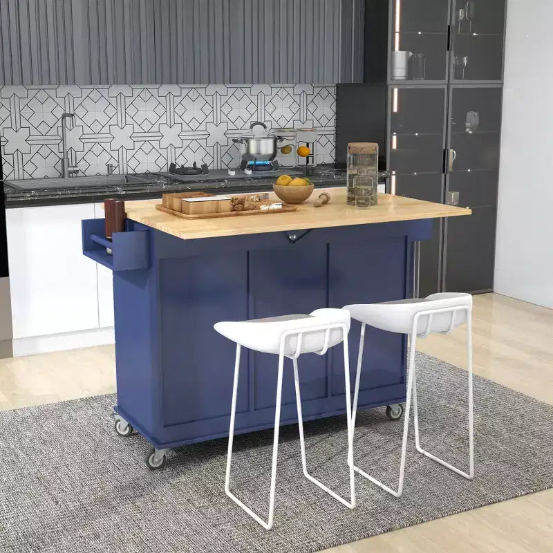 Desserte de cuisine avec plateau en bois et abattant, îlot de cuisine mobile roulant avec rangement et porte-serviettes