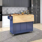 Desserte de cuisine avec plateau en bois et abattant, îlot de cuisine mobile roulant avec rangement et porte-serviettes