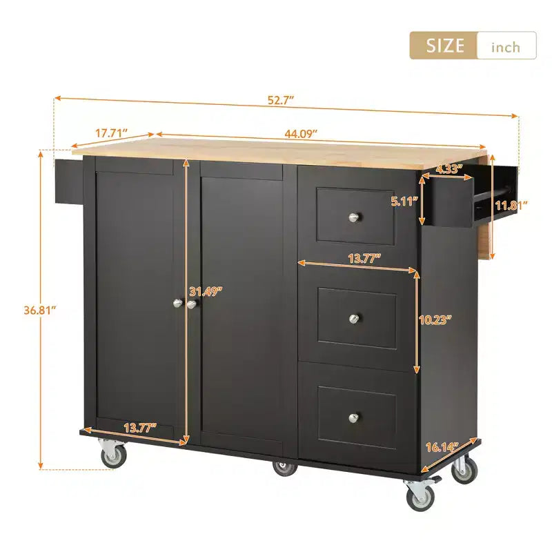 Desserte de cuisine avec plateau en bois et abattant, îlot de cuisine mobile roulant avec rangement et porte-serviettes