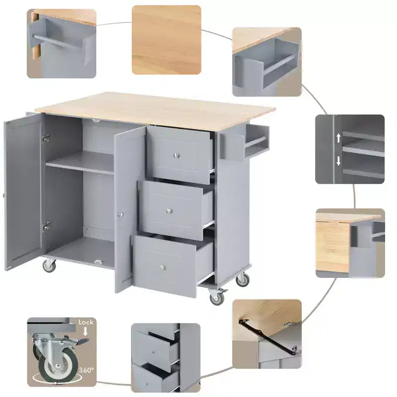 Desserte de cuisine avec plateau en bois et abattant, îlot de cuisine mobile roulant avec rangement et porte-serviettes