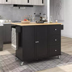 Desserte de cuisine avec plateau en bois et abattant, îlot de cuisine mobile roulant avec rangement et porte-serviettes