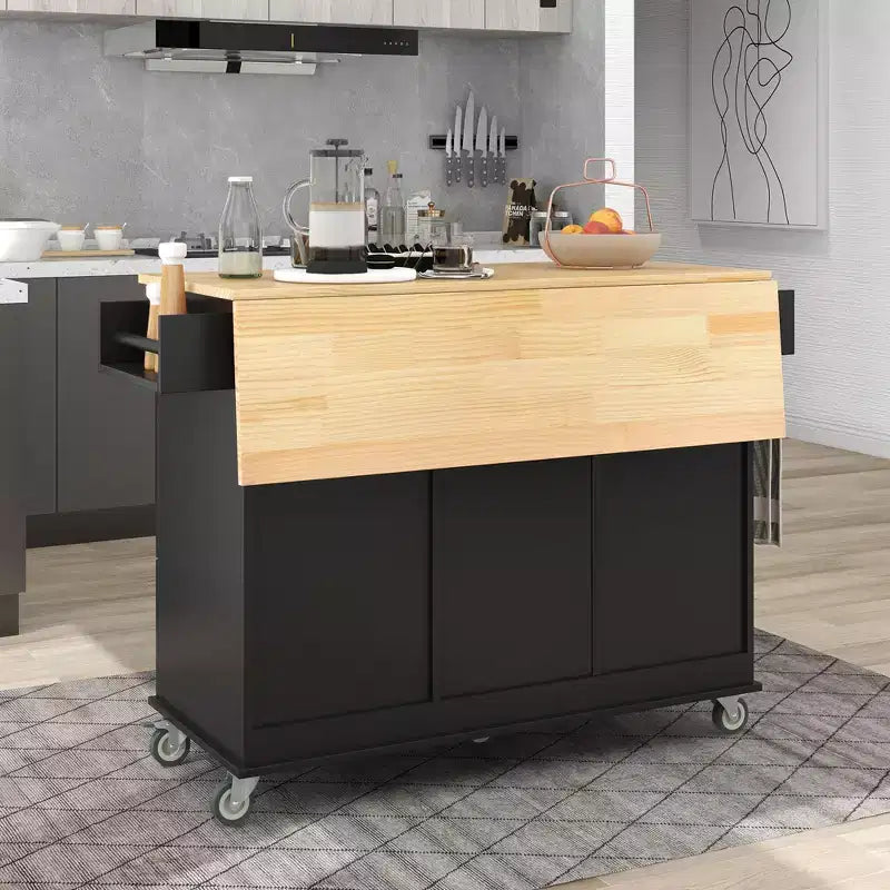 Desserte de cuisine avec plateau en bois et abattant, îlot de cuisine mobile roulant avec rangement et porte-serviettes