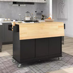 Desserte de cuisine avec plateau en bois et abattant, îlot de cuisine mobile roulant avec rangement et porte-serviettes