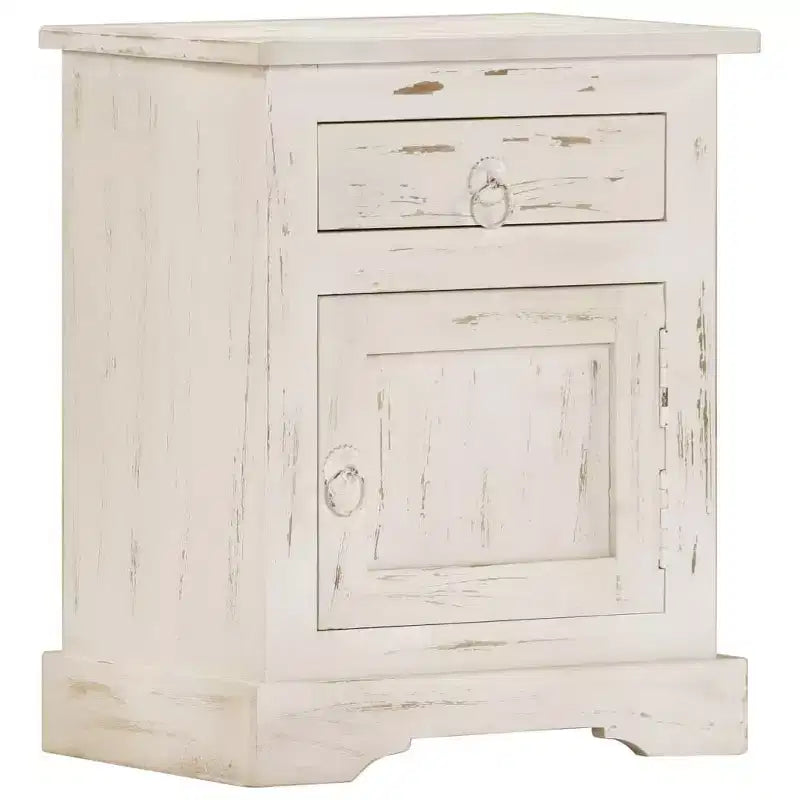 Table de chevet vintage en manguier massif avec tiroir et placard – Blanc